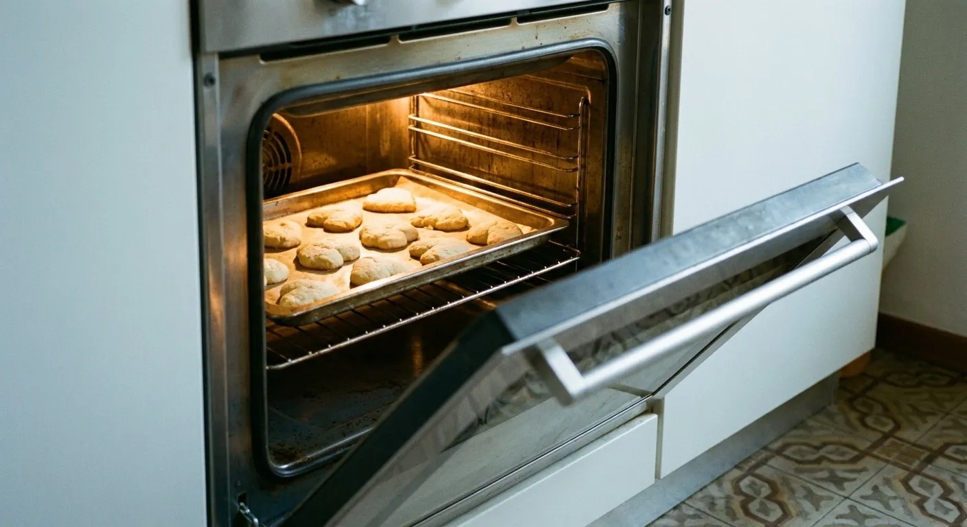 Il forno di casa aperto, con una teglia di biscotti a metà cottura sul ripiano centrale
