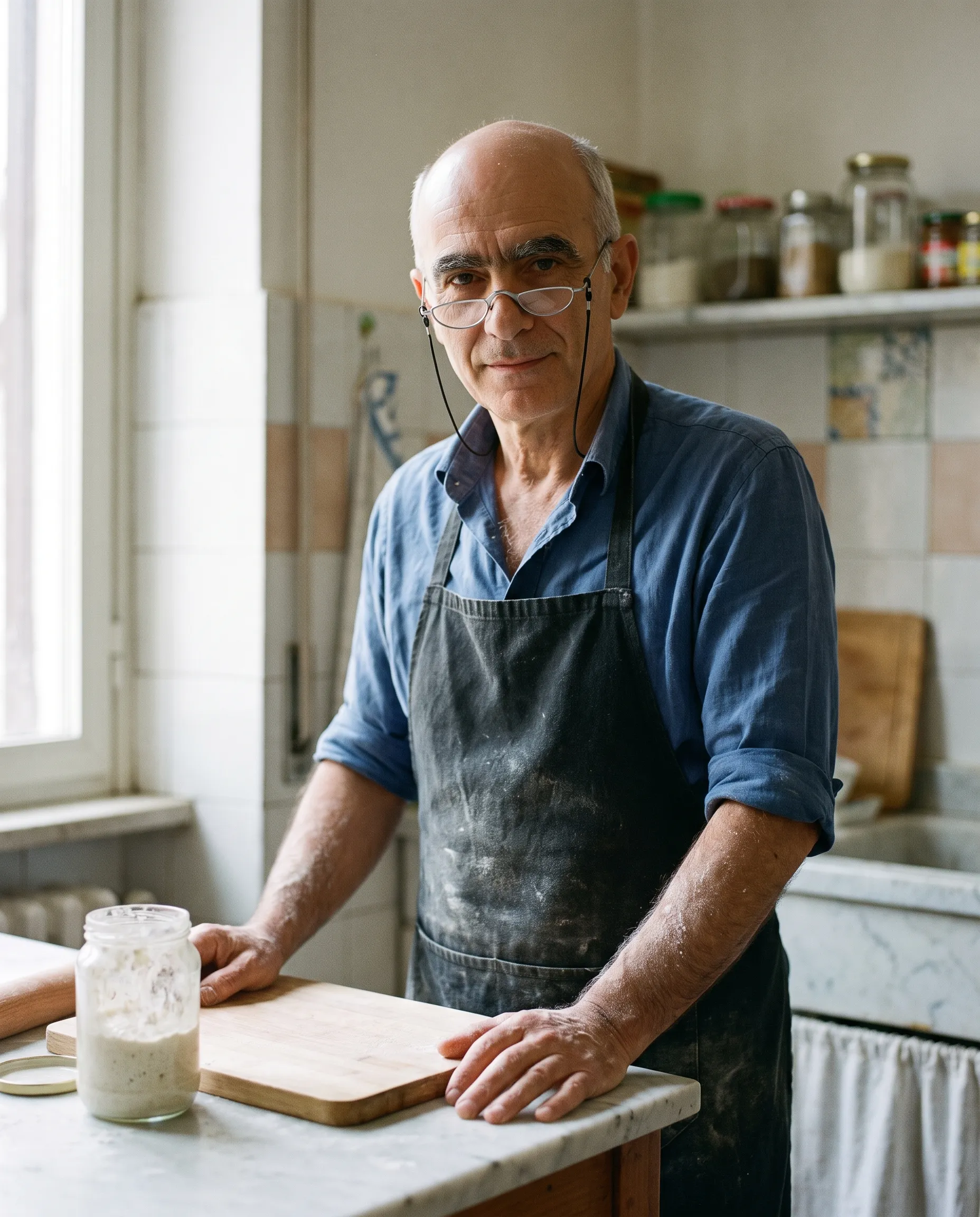 Giulio Esposito in piedi al piano di marmo della sua cucina, le mani infarinate appoggiate a un tagliere di legno, accanto un barattolo di lievito e un mattarello di marmo