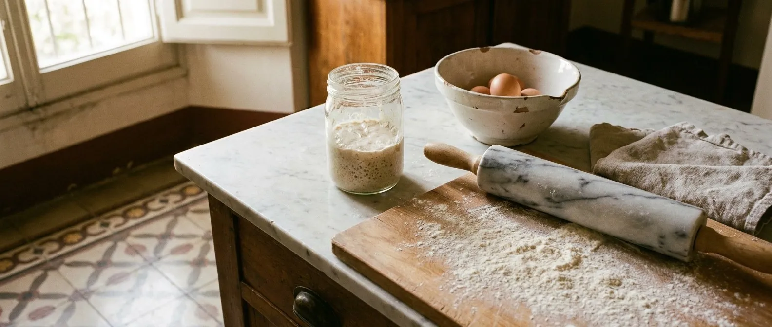 Il piano di marmo della cucina al mattino, con la farina, un barattolo di lievito e il mattarello
