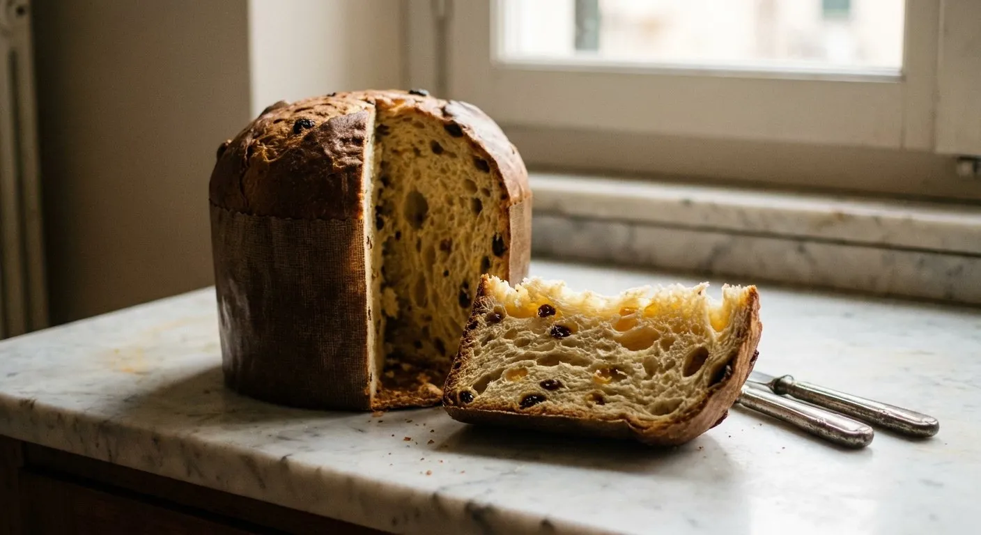 Un panettone fatto in casa nel pirottino di carta, con uno spicchio tagliato che mostra l'alveolatura lunga