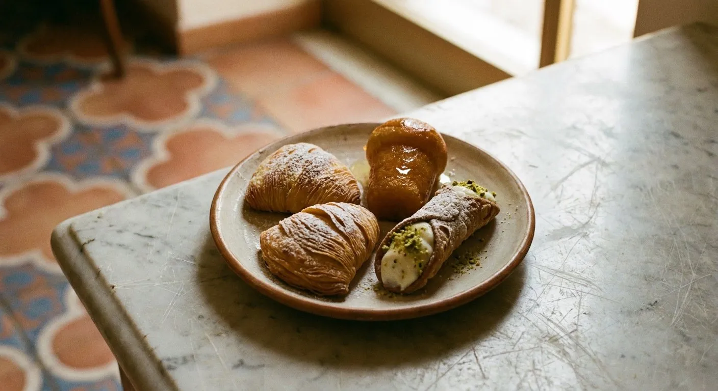 Un piatto con due sfogliatelle ricce, un babà e un cannolo, appoggiato su un piano di marmo