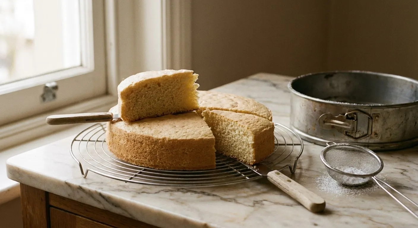 Una torta appena sfornata sulla gratella, con una fetta tagliata che mostra la mollica, e lo stampo a cerniera accanto